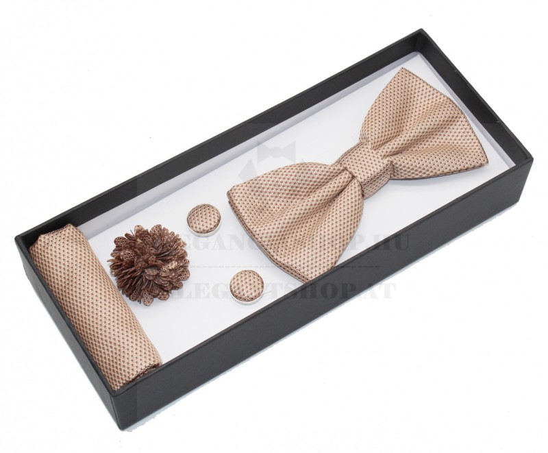 Díszdobozos csokornyakkendő szett 4 részes - Drapp aprómintás Csokornyakkendő Díszdobozos csokornyakkendő szett 4 részes - Drapp aprómintás Csokornyakkendő